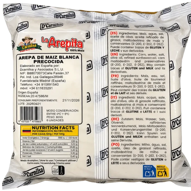 trasera paquete arepa de maíz blanco grande -D'Carnilsa.com