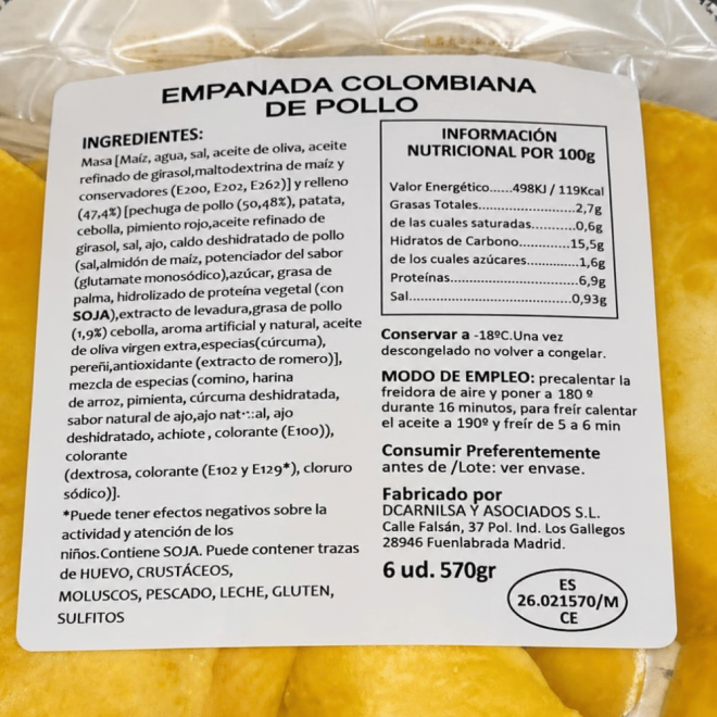 detalle paquete empanada de pollo D'Carnilsa x6