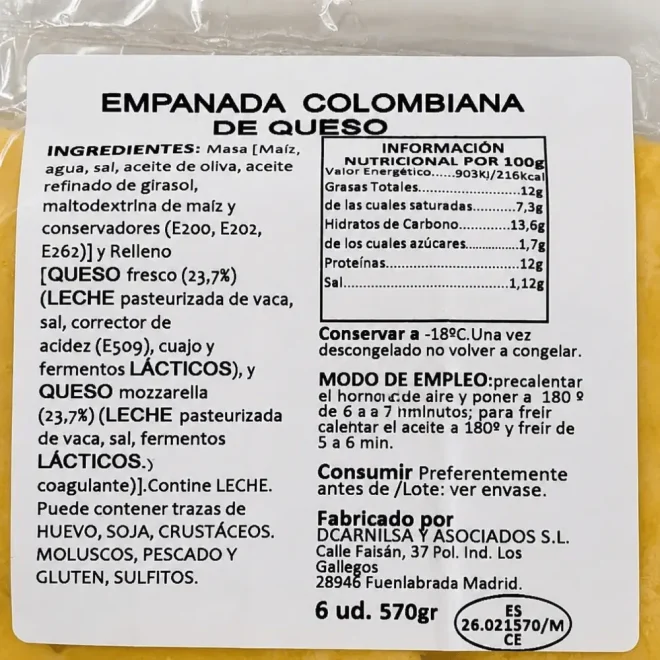 Detalle etiqueta empanada de queso D'Carnilsa x6